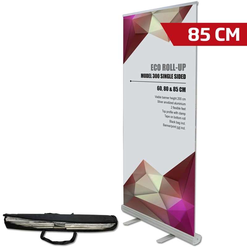 Eco Roll-up einseitig – 85x200 cm – silber – mit Banner und Druck – inkl. starker Tasche