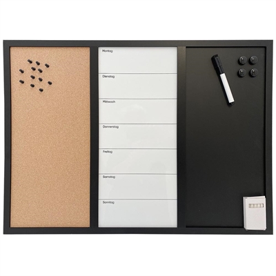 Whiteboard mit Wochenplan DEUTSCH, Kork- und Kreidetafel 60 x 40 cm, inkl. schwarzer magnetischer Marker, 4 x schwarze 20 mm Magnete, 12 schwarze Nadeln und 1 Packung Kreide (5 Stk.)