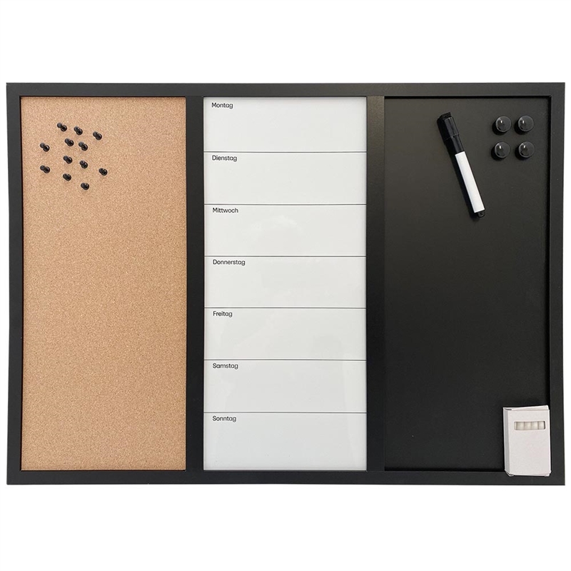 Whiteboard mit Wochenplan DEUTSCH, Kork- und Kreidetafel 60 x 40 cm, inkl. schwarzer magnetischer Marker, 4 x schwarze 20 mm Magnete, 12 schwarze Nadeln und 1 Packung Kreide (5 Stk.)