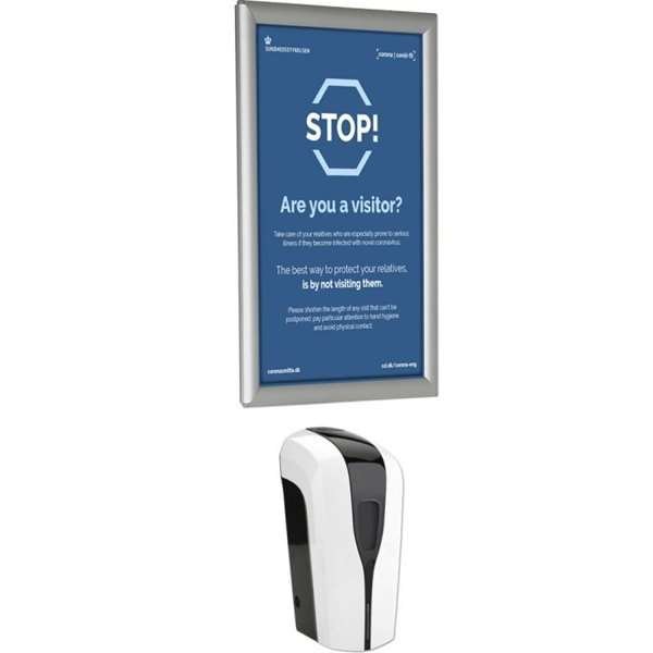 Handedesinfektionsspender 1000 ml und A3-Klapprahmen für Wandmontage