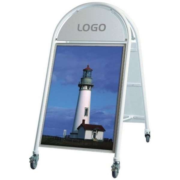 New Gotik Lux Kundenstopper mit Logo schild und Rad - A1 - weiß