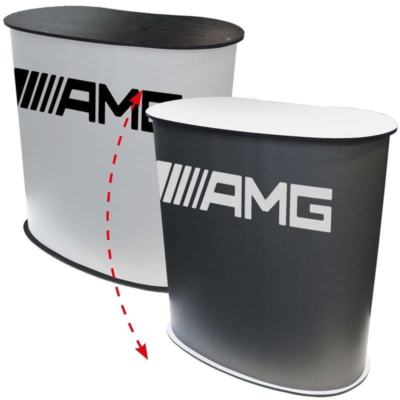 Ovale, geschwungene Messetisch/Theke