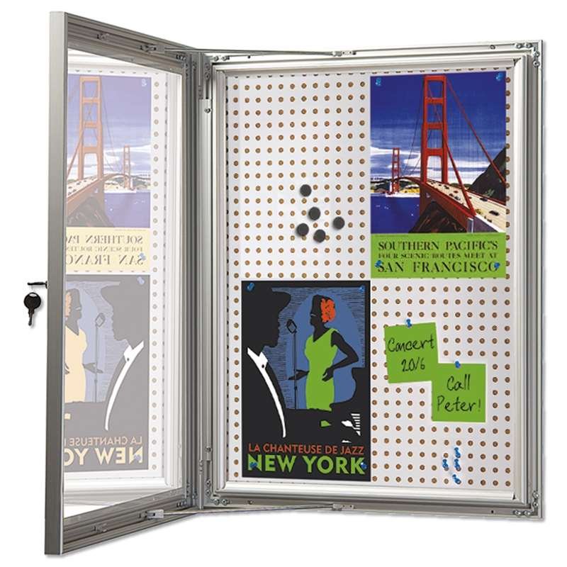 Kombi-Hängeschrank/Infobox mit Schloss und Stahl-/Korkrückwand, silber - 4xA4