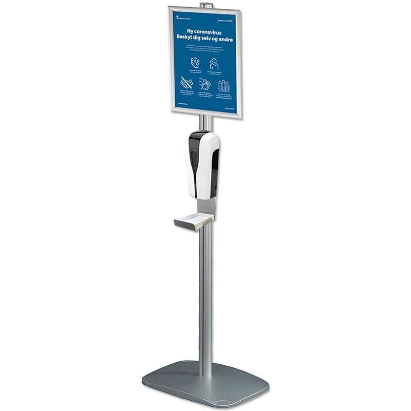 Mini-Multiständer mit 1000-ml-Desinfektionsspender, Halter und Tropfschale sowie Klapprahmen A4