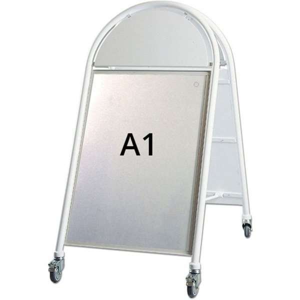New Gotik Lux Kundenstopper mit Logo schild und Rad - A1 - weiß