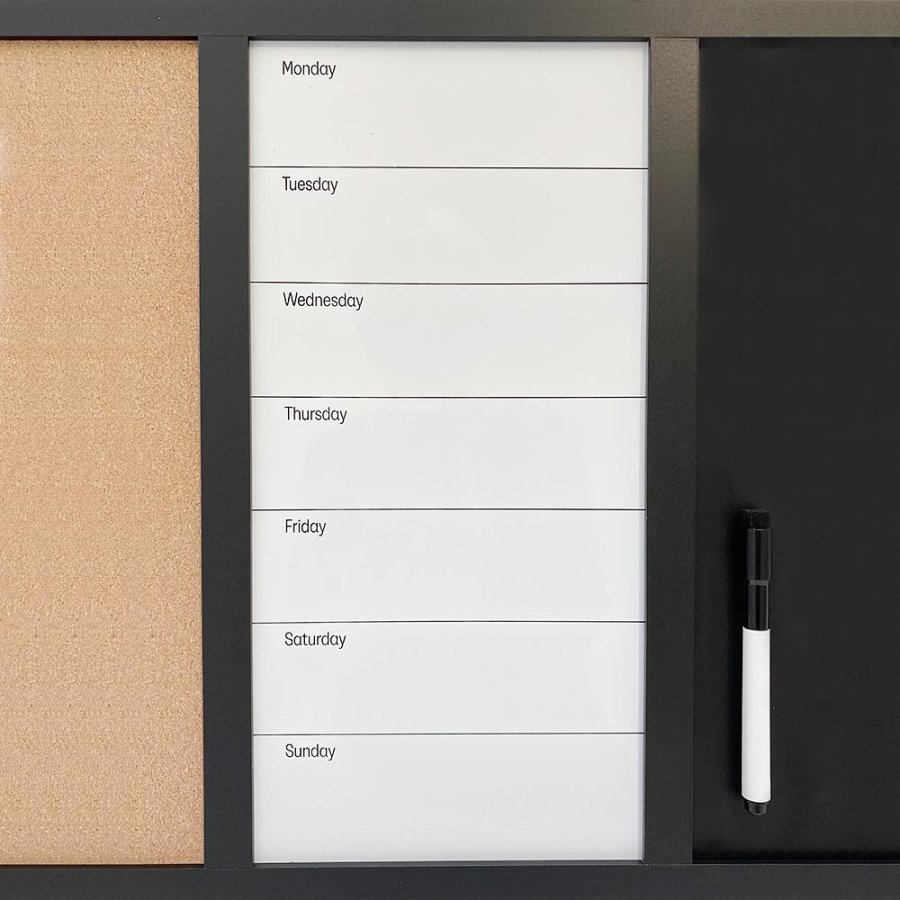 Whiteboard mit Wochenplan ENGLISCH, Kork- und Kreidetafel 70 x 50 cm, inkl. schwarzer magnetischer Marker, 4 x schwarze 20 mm Magnete, 12 schwarze Nadeln und 1 Packung Kreide (5 Stk.)