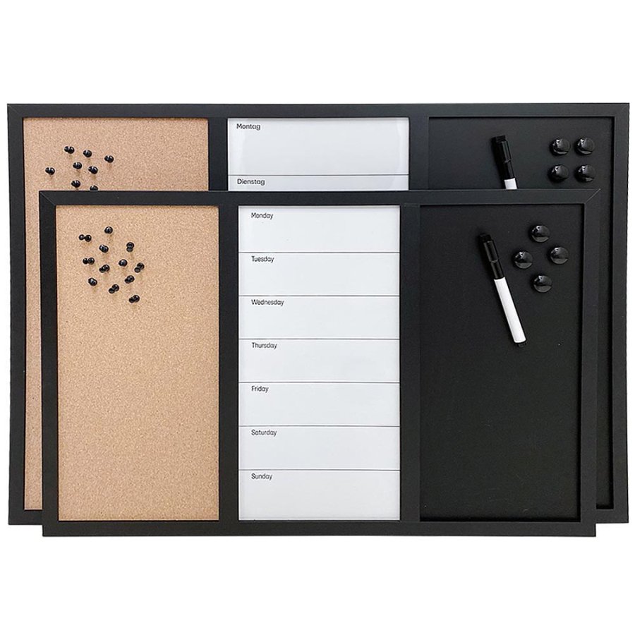Whiteboard mit Wochenplan ENGLISCH, Kork- und Kreidetafel 70 x 50 cm, inkl. schwarzer magnetischer Marker, 4 x schwarze 20 mm Magnete, 12 schwarze Nadeln und 1 Packung Kreide (5 Stk.)