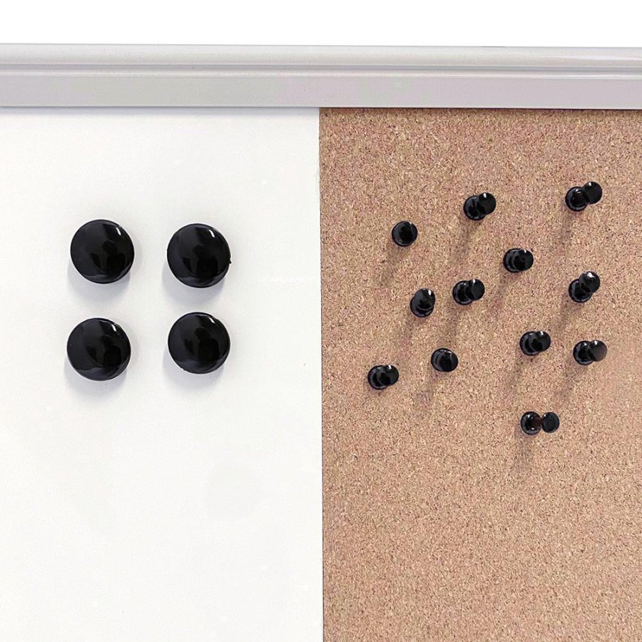 Whiteboard- und Kork-Kombitafel-Set 60x40cm, inkl. schwarzer Magnetmarker, 4 x schwarze 20-mm-Magnete, 12 schwarze Nadeln und Montagesatz