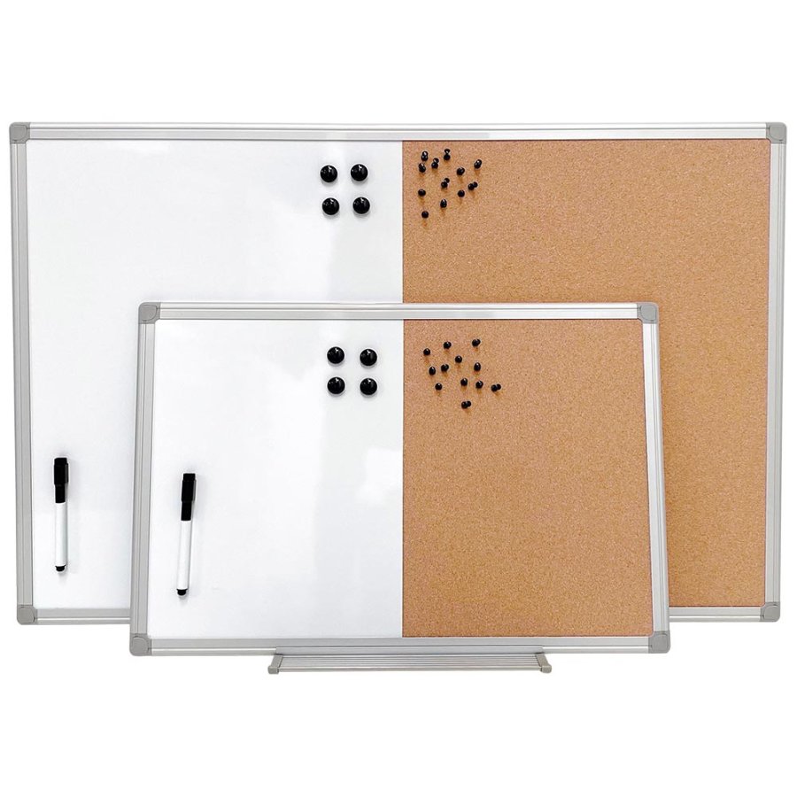 Whiteboard- und Kork-Kombitafel-Set 60x40cm, inkl. schwarzer Magnetmarker, 4 x schwarze 20-mm-Magnete, 12 schwarze Nadeln und Montagesatz