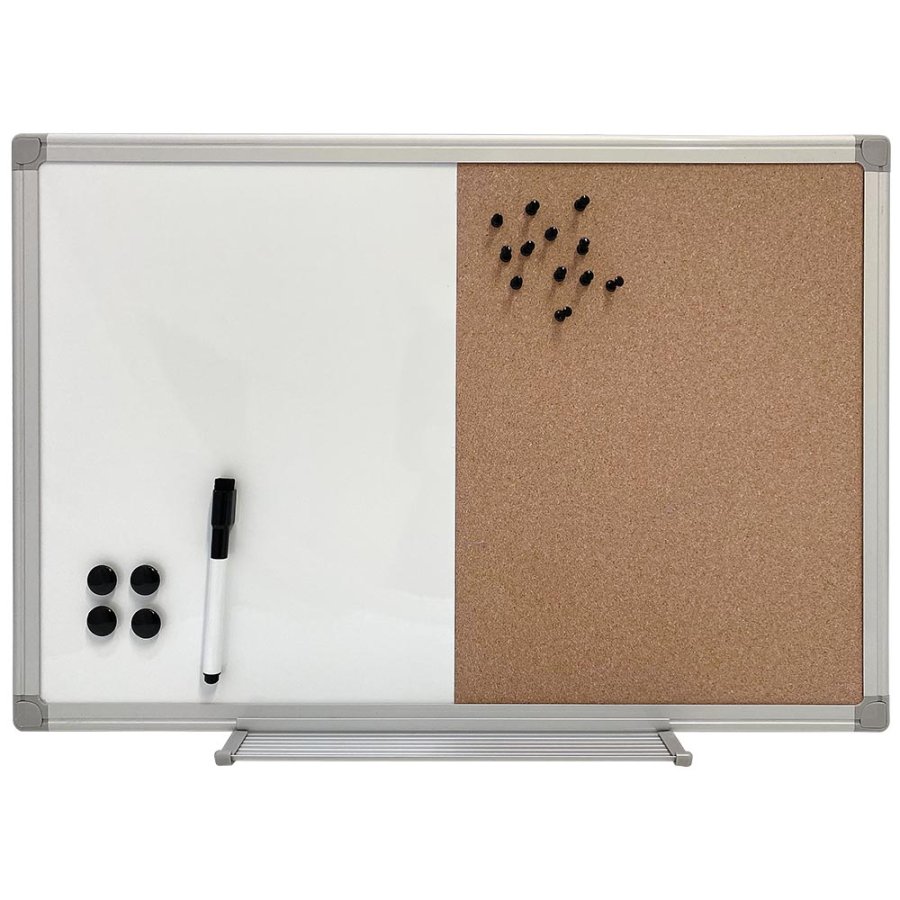 Whiteboard- und Kork-Kombitafel-Set 60x40cm, inkl. schwarzer Magnetmarker, 4 x schwarze 20-mm-Magnete, 12 schwarze Nadeln und Montagesatz