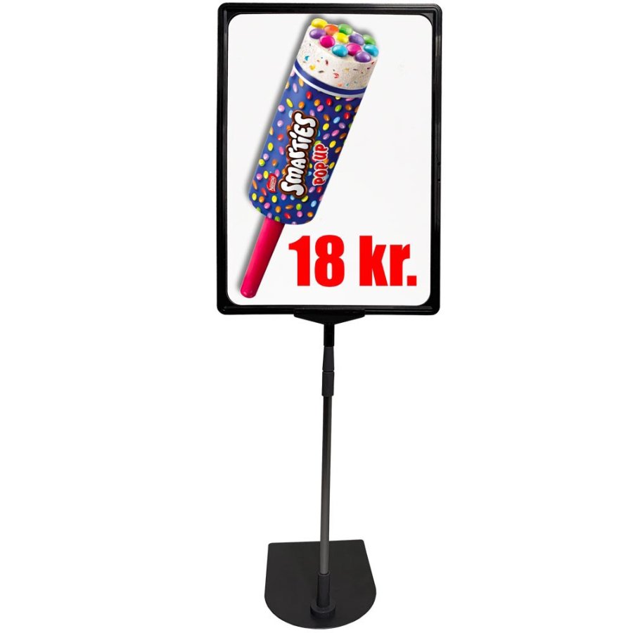 Preisrahmenset, schwarzer Stahlfu&szlig; und Aluminiumstange, schwarzer A3-Rahmen (29,7 x 42 cm). H&ouml;he 84 - 103 cm, Breite 30,5 cm, Fu&szlig; 16 x 21 cm