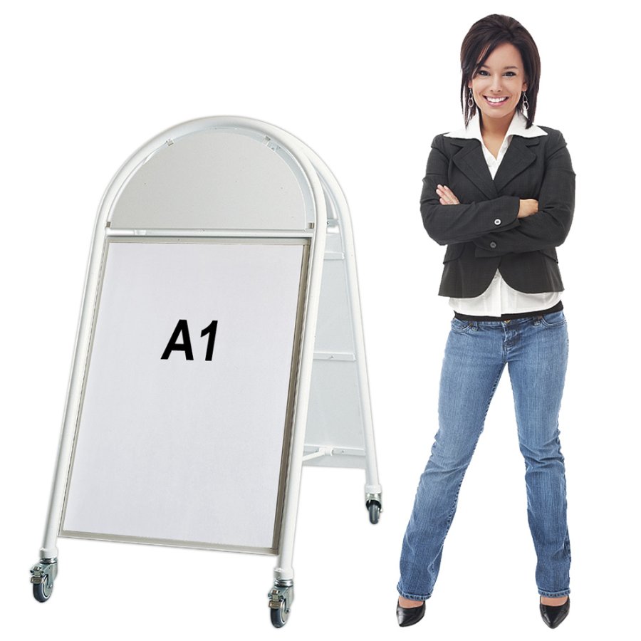 Kundenstopper mit Logoplatte und Rollen, New Gotik Lux, A1, Wei&szlig;