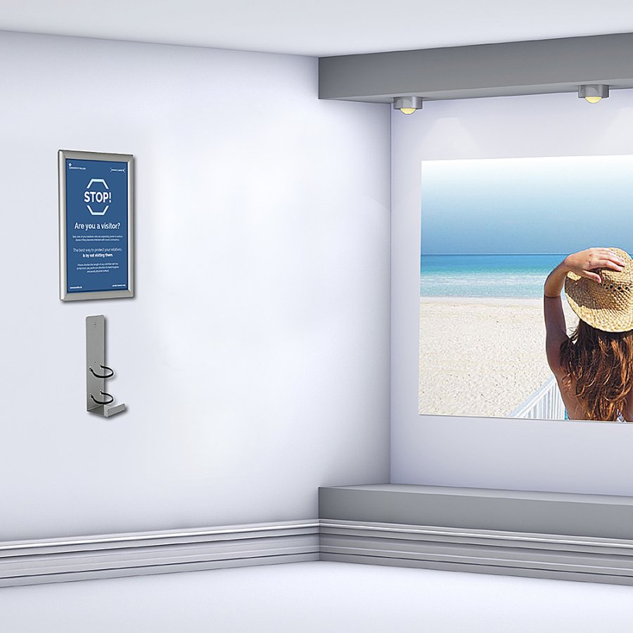 Handdesinfektionsspendenhalter und A4-Klapprahmen f&uuml;r Wandmontierung