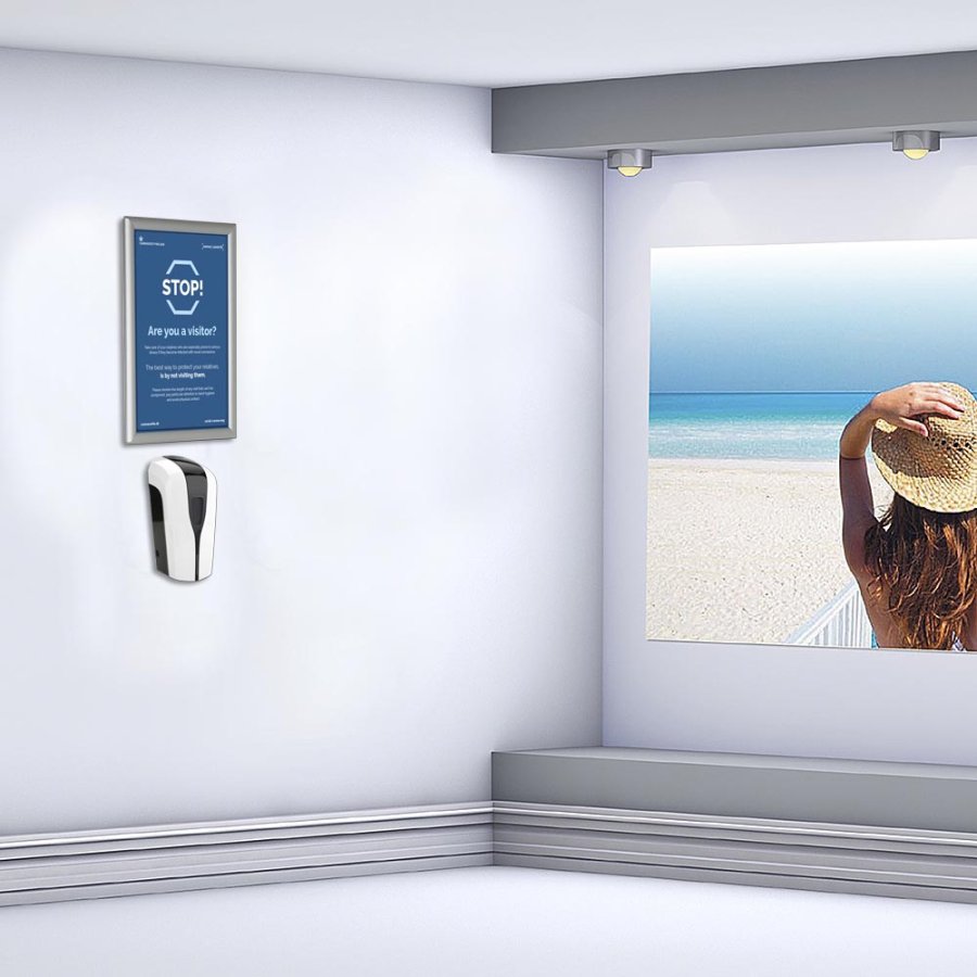 Handedesinfektionsspender 1000 ml und A3-Klapprahmen f&uuml;r Wandmontage