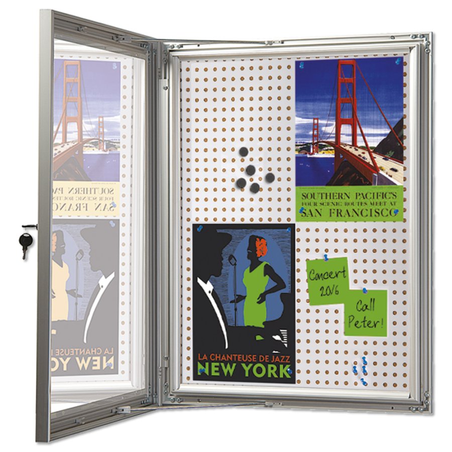 Kombi-H&auml;ngeschrank/Infobox mit Schloss und Stahl-/Korkr&uuml;ckwand, silber - 4xA4