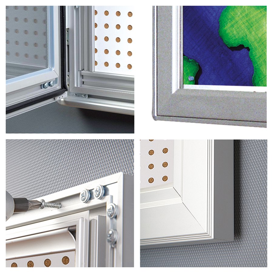 Kombi-H&auml;ngeschrank/Infobox mit Schloss und Stahl-/Korkr&uuml;ckwand, silber - 4xA4