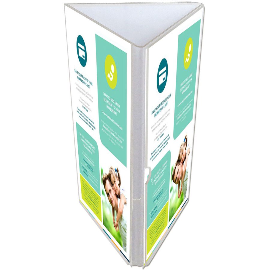 Dreieckiger Men&uuml;kartenhalter vertikal - 3xM65 Flyer - 9,9x21 cm