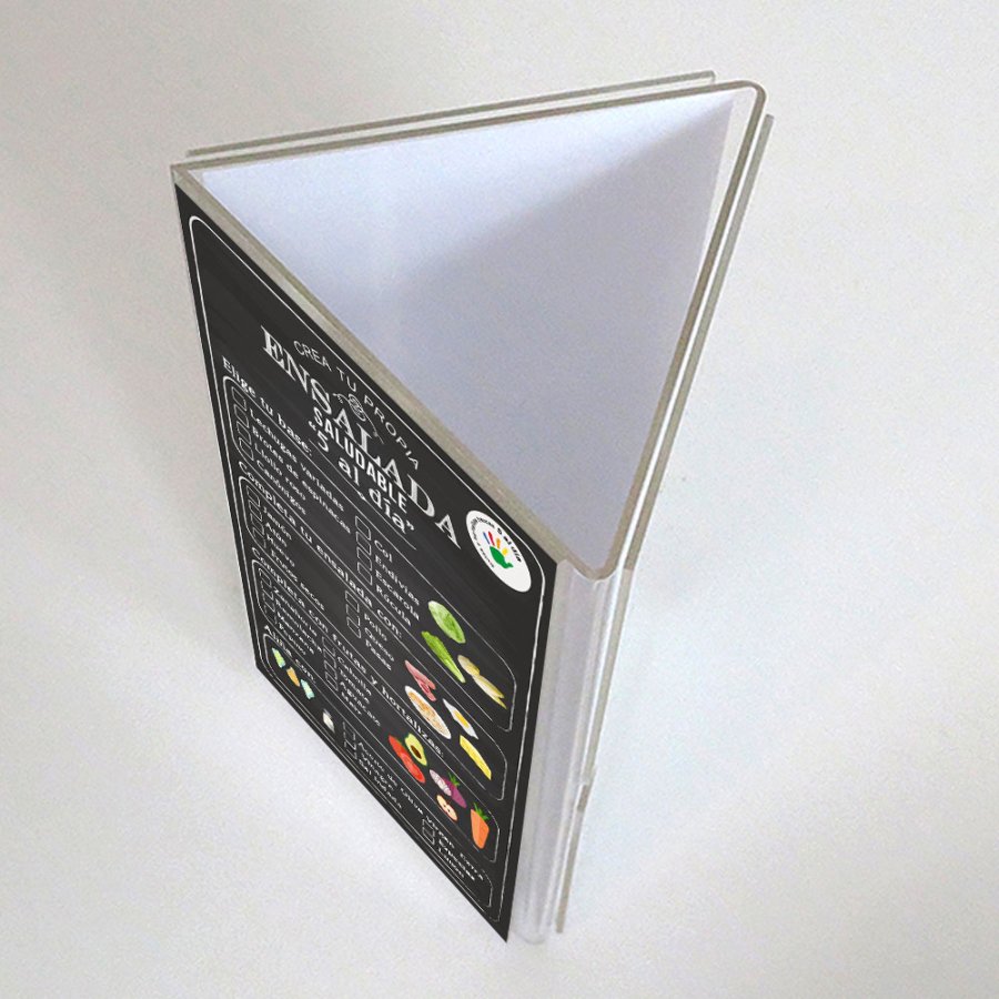 Dreieckiger Men&uuml;kartenhalter vertikal - 3xM65 Flyer - 9,9x21 cm