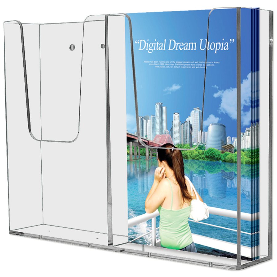 Acryl-Brosch&uuml;renhalter f&uuml;r die Wand - vertikal - Flyer - 2xM65 - 9,9x21 cm