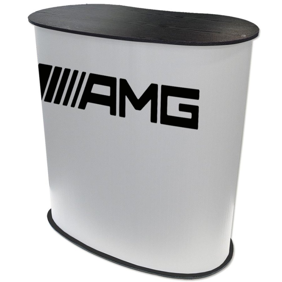 Ovale, geschwungene Messetisch/Theke