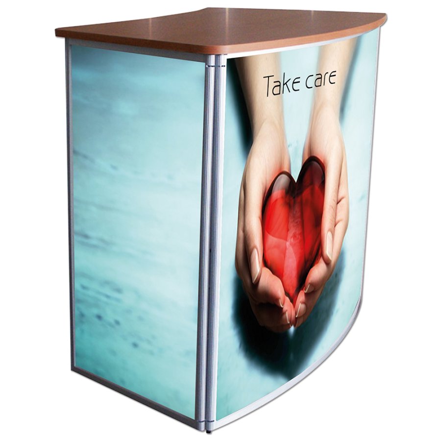 Geschwungene Messetheke mit Tischplatte in Holzoptik