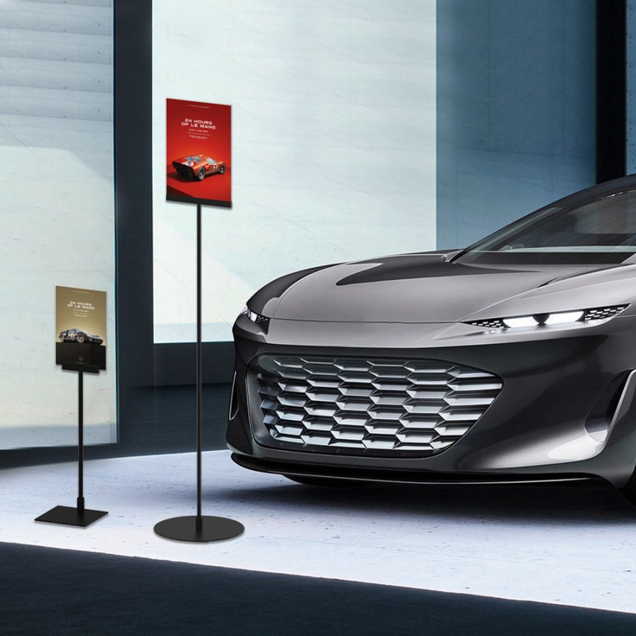 Design Stand, Bodenschild mit Acrylhalter, vertikal A4, schwarz, 132 cm hoch