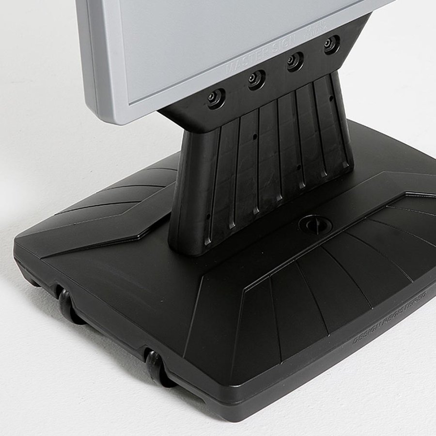 Kunststoffschild mit Fu&szlig; - schwarzer Wassertank - silberne Oberseite