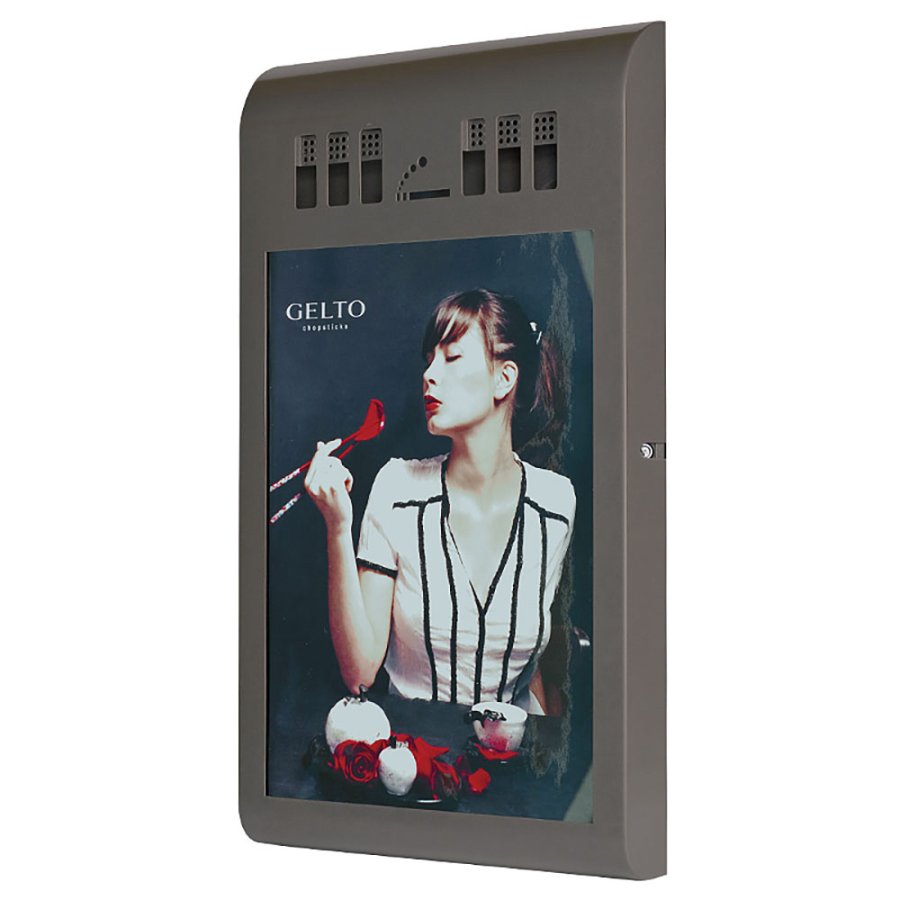 Gebogener Aschenbecher mit A3-Informationsschild