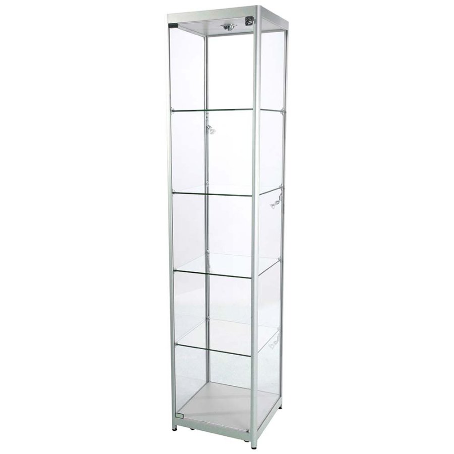 Vitrine - Showcase Tower Solo Glasvitrine mit LED-Licht und Schloss - Silber