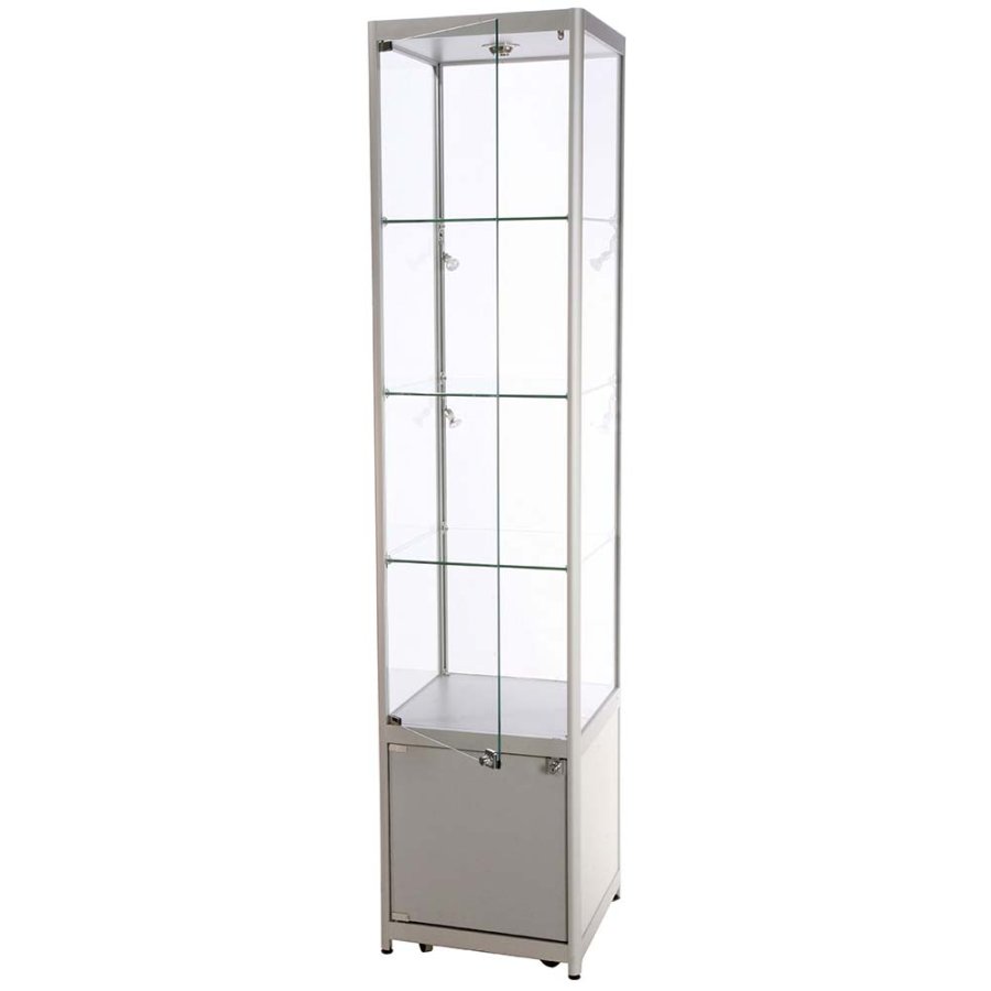 Vitrine - Showcase Tower Solo Glasvitrine mit Unterschrank, LED-Licht und Schloss - Silber