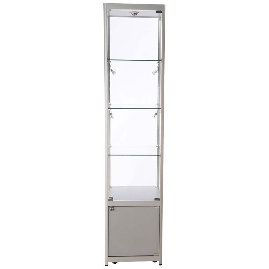 Vitrine - Showcase Tower Solo Glasvitrine mit Unterschrank, LED-Licht und Schloss - Silber