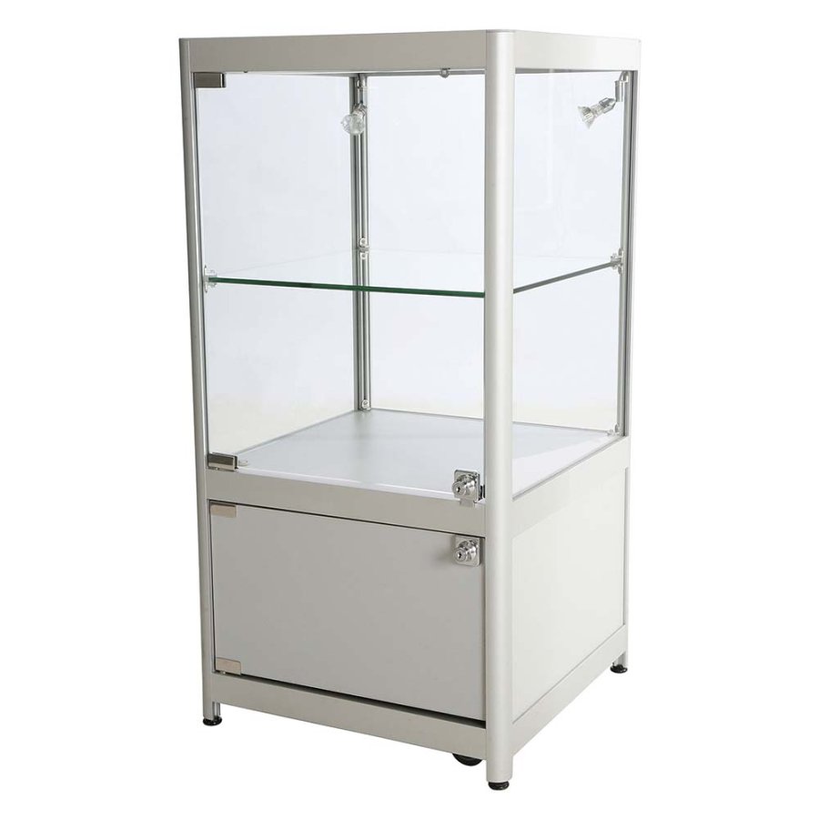 Vitrine - Showcase Counter Solo Glasvitrine mit Unterschrank, LED-Licht und Schloss - Silber