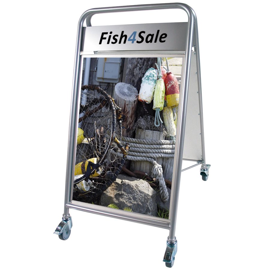 Expo Sign Lux Kundenstopper mit Logo schild und R&auml;dern - Silber - 70 x 100 cm