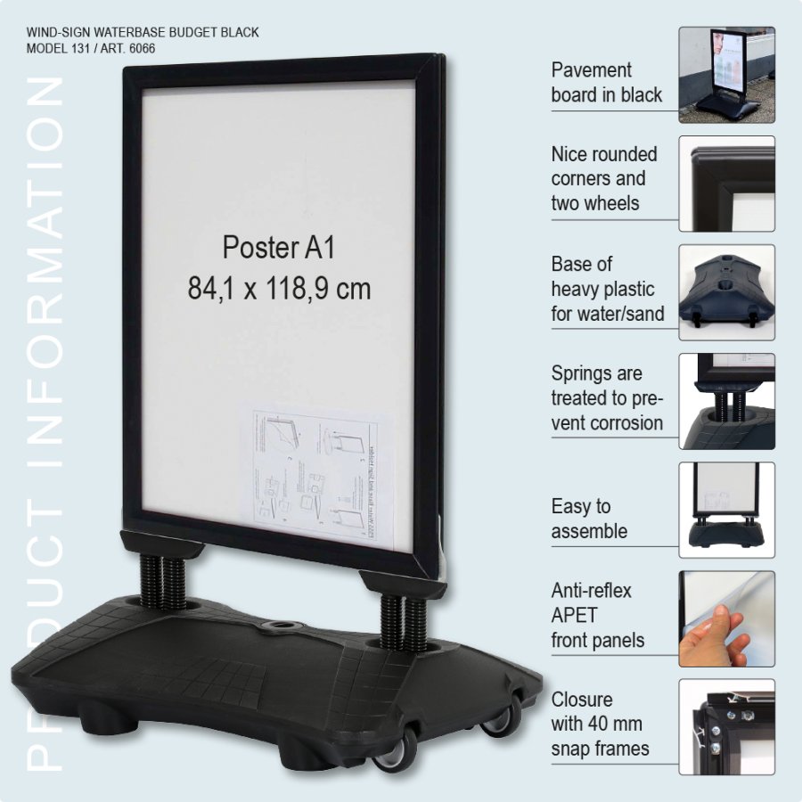 Kundenstopper, Wind-Sign Waterbase Budget, 40 mm Aluminiumprofil, Schwarz, A1 - 59,4 x 84,1 cm