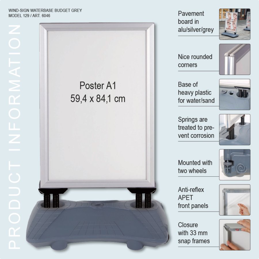 Kundenstopper, Wind-Sign Waterbase Budget, 40 mm Profil, Silber, A1 - 59,4 x 84,1 cm