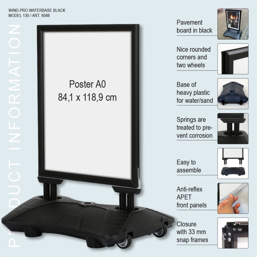 Kundenstopper, Wind-Pro Waterbase, 33 mm, Schwarz, A0 - 84,1 x 118,9 cm