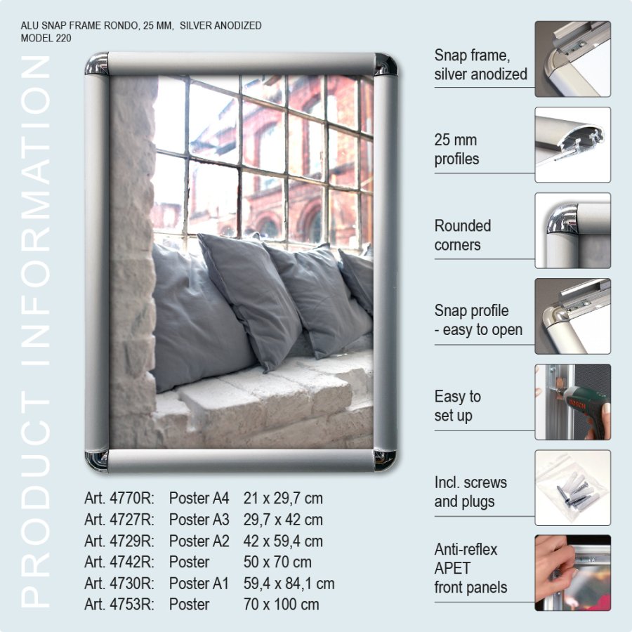 Klapprahmen, Rondo, Silber, 25 mm Aluminiumprofil, B2 - 50 x 70 cm