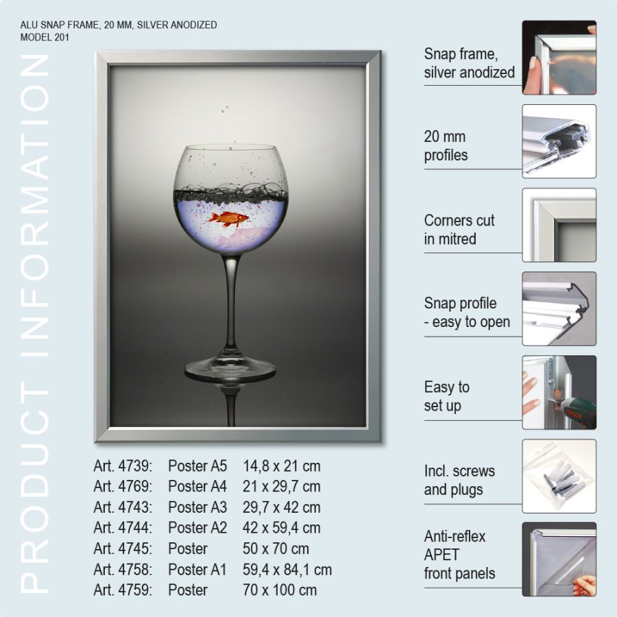 Klapprahmen, 20 mm Aluminium Flachprofil, Silber, A2 - 42 x 59,4 cm