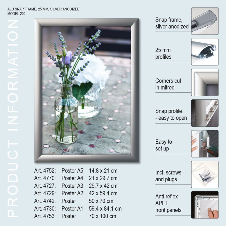 Klapprahmen, 25 mm Profil, Silber, A5 - 14,8 x 21 cm