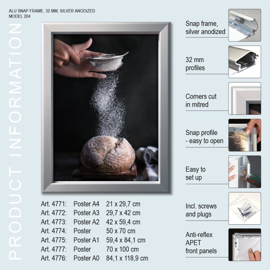 Klapprahmen, 32 mm Profil, Silber, B1 - 70 x 100 cm