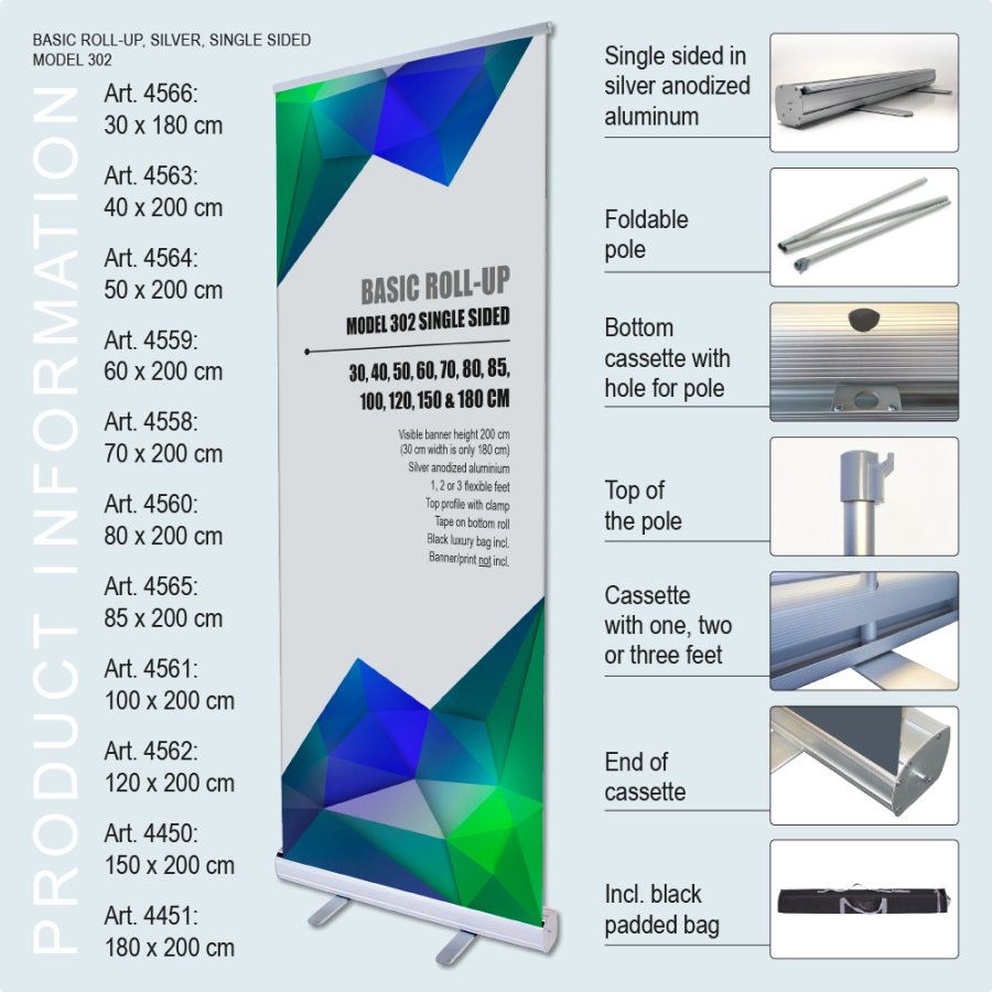 Roll-up Basic, Basic, einseitig, Aluminium, Silber, 180 cm