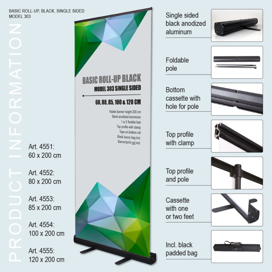Roll-up Kassette, Basic, einseitig, Schwarz, 85 cm
