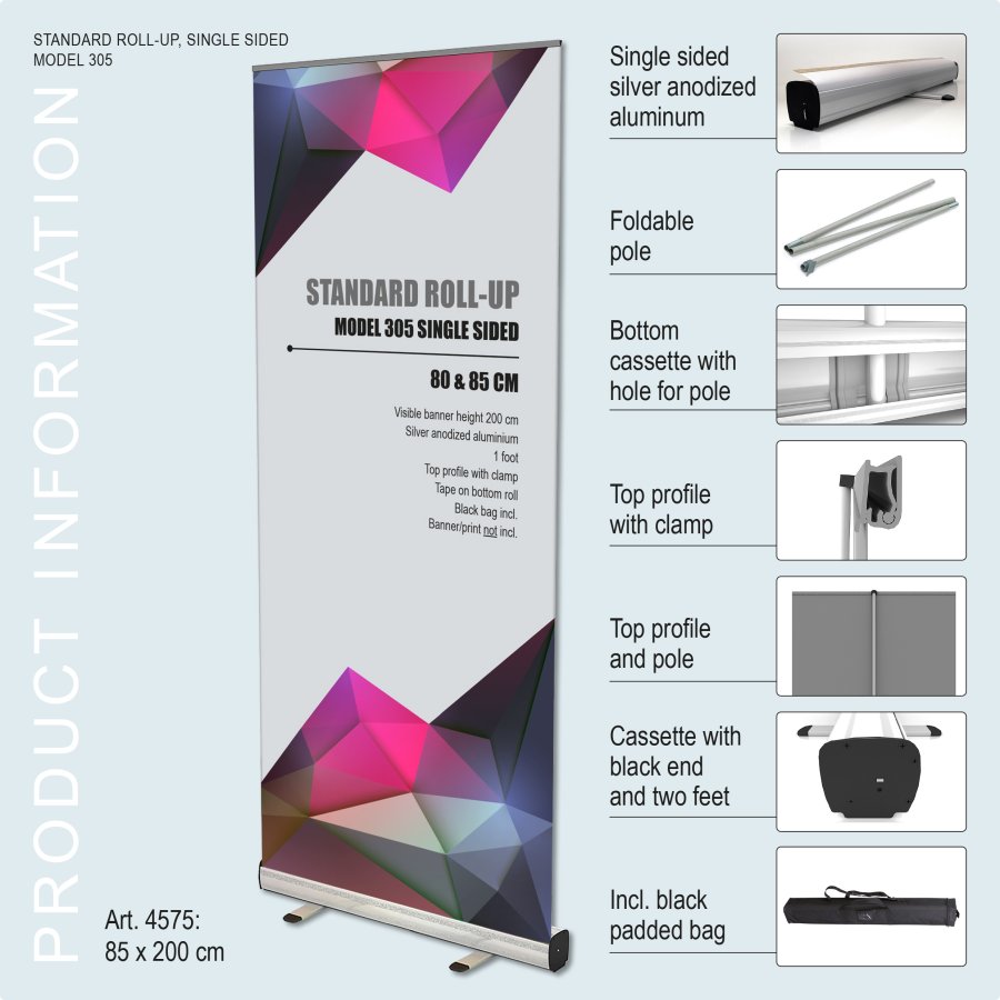 Standard Roll-up Aluminiumkassette Einseitiges Banner inkl. Tasche 85x200 cm Silber