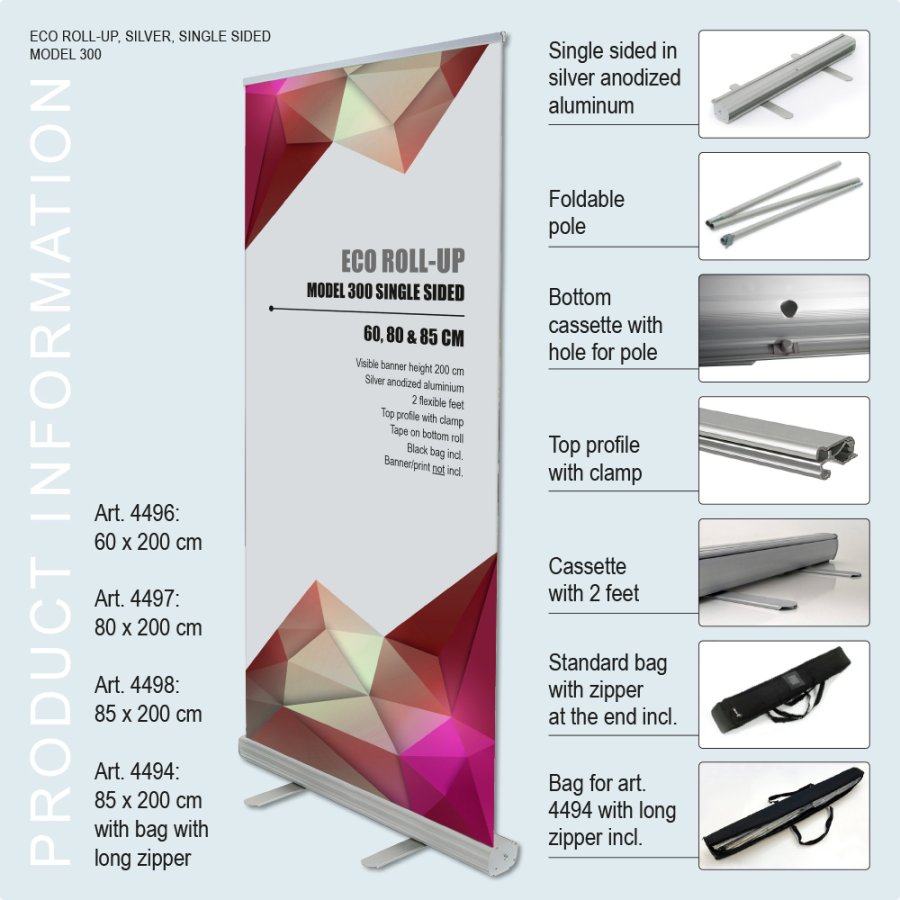 Eco Roll-up Aluminiumkassette Einseitiges Banner inkl. Tasche mit langem Rei&szlig;verschluss 85x230 cm Silber