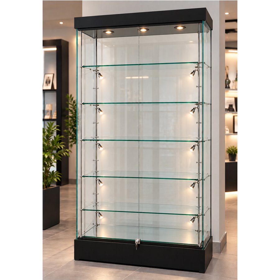 Rahmenlose Glasvitrine mit LED-Licht und Schloss, schwarz