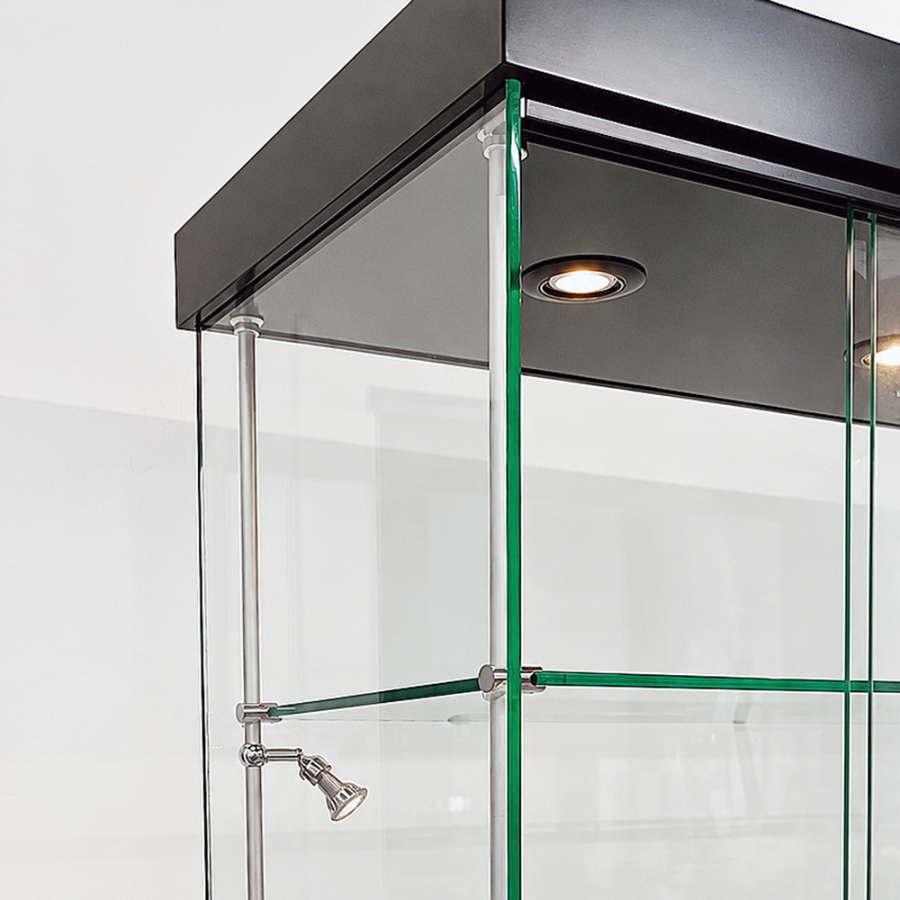 Rahmenlose Glasvitrine mit LED-Licht und Schloss, schwarz